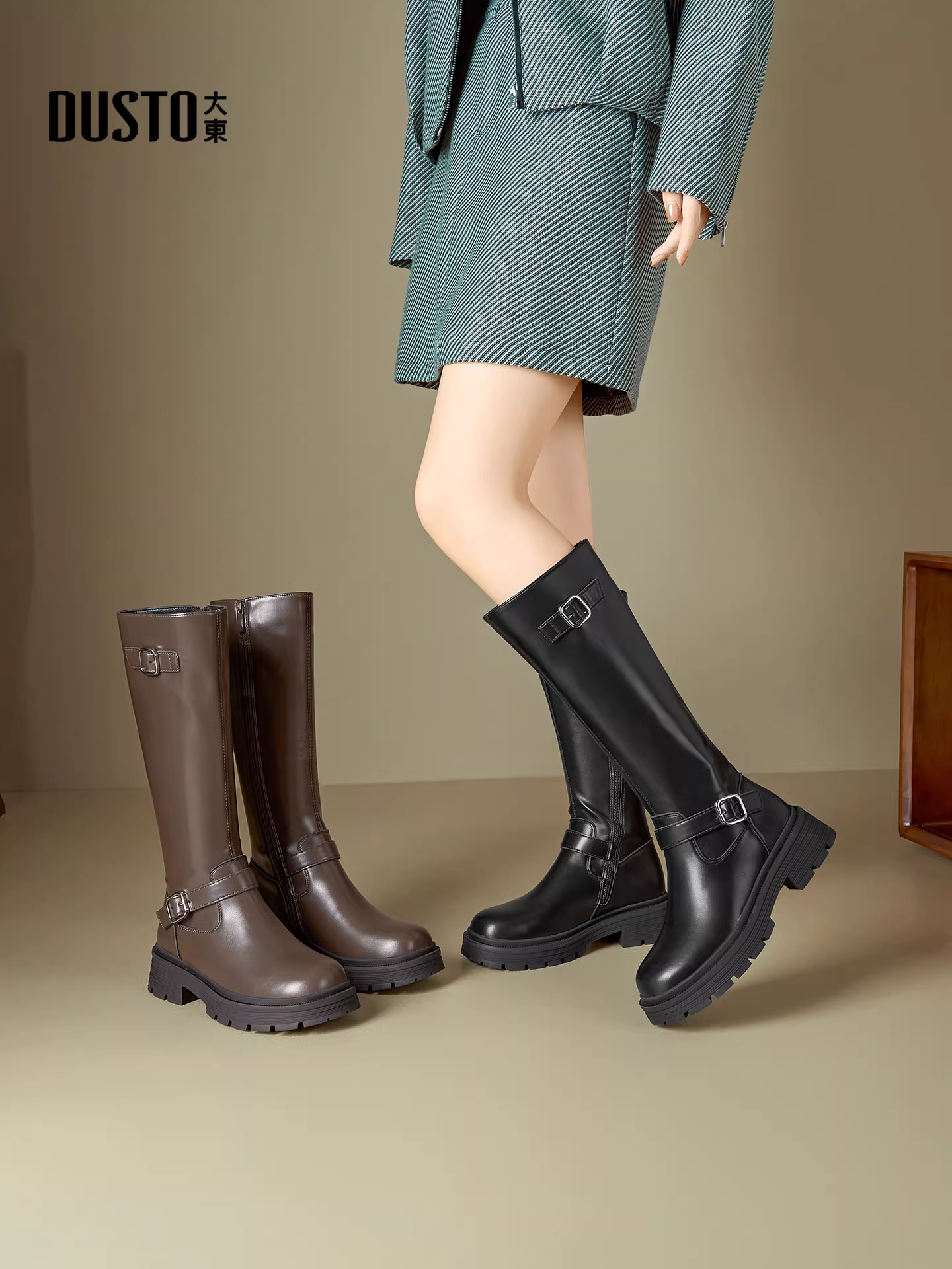 Giày bốt giảm béo Dadong dành cho nữ 2025 Giày bốt mùa thu đông mới màu đen Giày bốt dài đế dày Giày bốt cao quá đầu gối