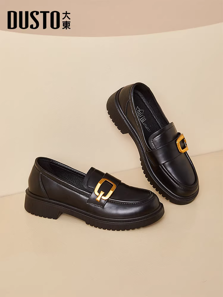 Giày bệt nữ da mềm, giày cao gót đế thô màu đen mùa thu đông 2025, kiểu Anh, mũi rộng, giày da nhỏ gọn.