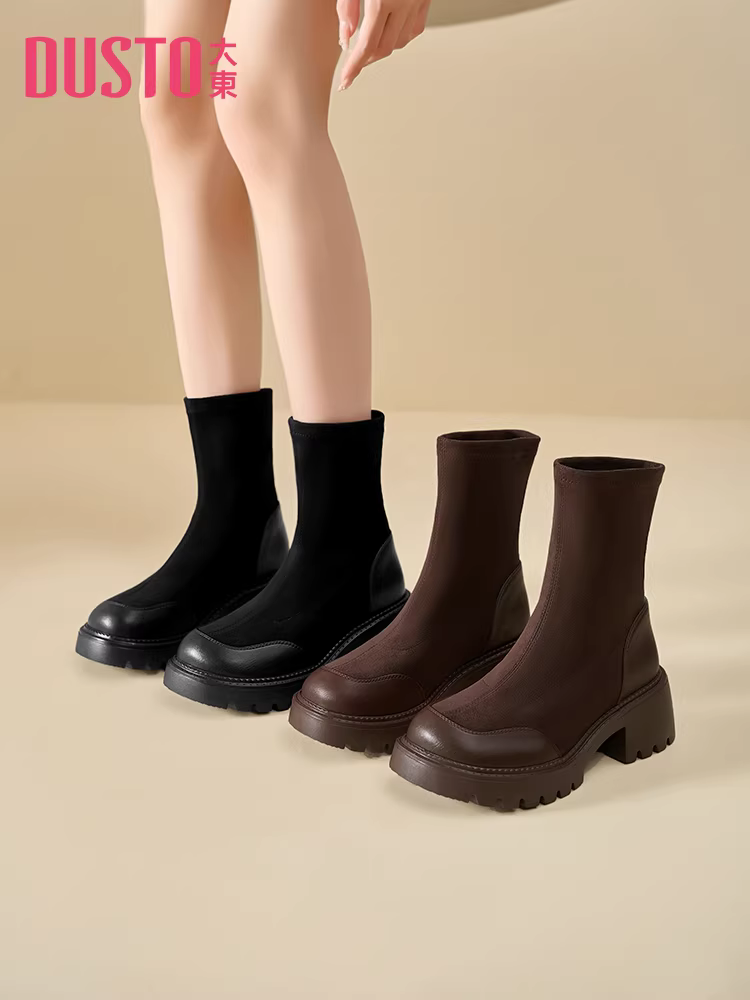 Giày bốt đế dày Dadong dành cho nữ, bốt cổ ngắn retro thời thượng mới năm 2025 dành cho nữ, bốt đơn mùa thu đông, bốt ôm dáng co giãn, bốt kiểu tất.