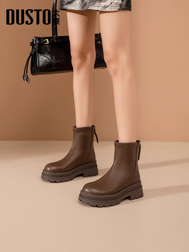 Giày bốt đế dày Dadong dành cho nữ, kiểu mới thu đông 2025, màu cà phê, kiểu Melard, bốt nữ ôm dáng co giãn, kiểu Martin.