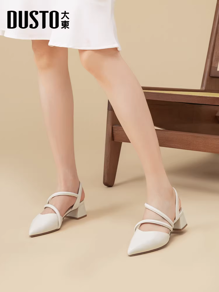 Giày sandal nữ mũi nhọn, kiểu dáng mùa hè mới 2025, thích hợp phối với đầm, giày cao gót đế thô, sandal kiểu Pháp nhỏ nhắn.