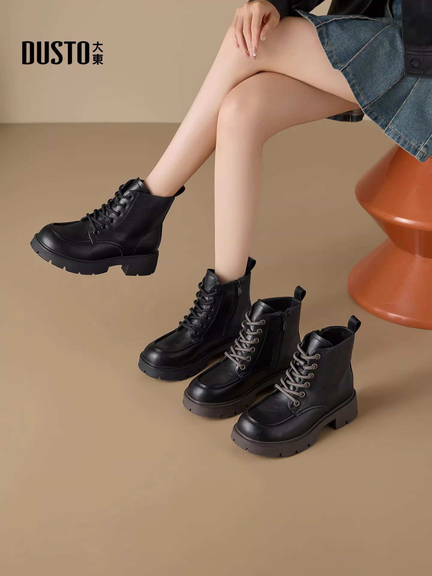 Giày bốt Martin đế dày lót lông cừu Dadong dành cho nữ, giày nữ mùa đông mới 2025, giày bốt cổ ngắn buộc dây kiểu Anh gót dày màu đen.