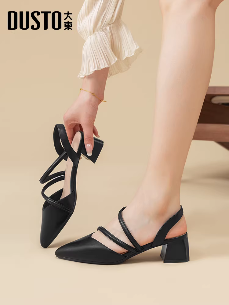 Giày sandal nữ mũi nhọn, kiểu dáng mùa hè mới 2025, thích hợp phối với đầm, giày cao gót đế thô, sandal kiểu Pháp nhỏ nhắn.