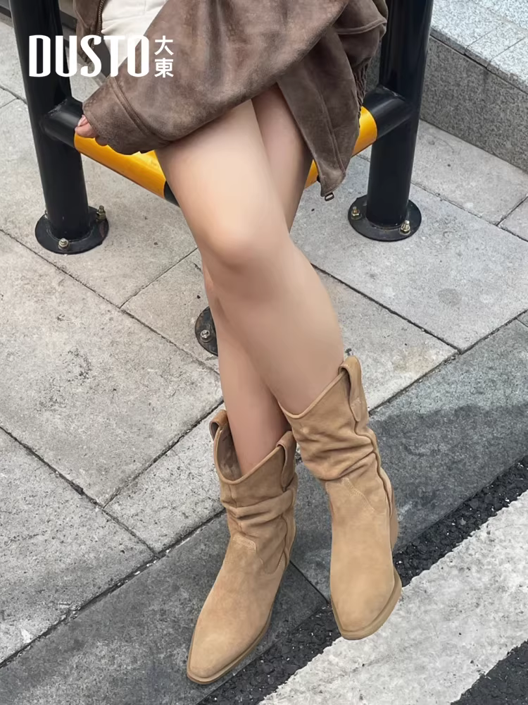 Giày bốt cổ ngắn mũi nhọn Dadong Brown Melard dành cho nữ, mẫu mới Thu Đông 2025, gót dày, kiểu Chelsea, phong cách cao bồi miền Tây