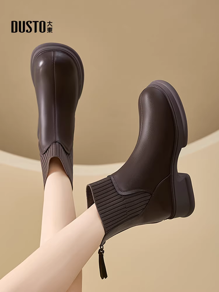 Giày bốt ngắn Dadong Chelsea dành cho nữ, kiểu mới thu đông 2025, màu đen, đế dày, lót lông, kiểu dáng ôm chân, kiểu Martin.