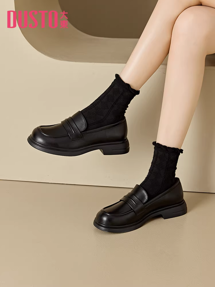Giày lười kiểu Anh Dadong dành cho nữ, mẫu mới mùa thu 2025, giày da đế dày màu đen, giày lười đa năng đi làm.