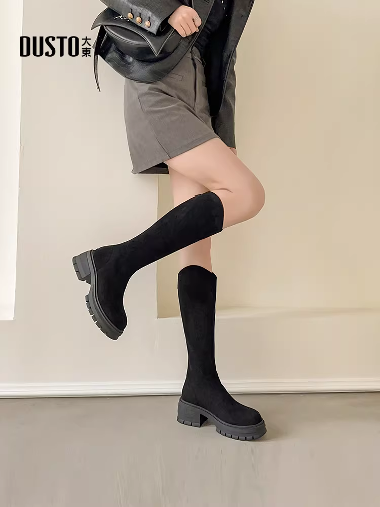 Giày bốt nữ da lộn cao cổ mùa thu đông 2025 đế dày gót vuông cao cổ tôn dáng kiểu cưỡi ngựa