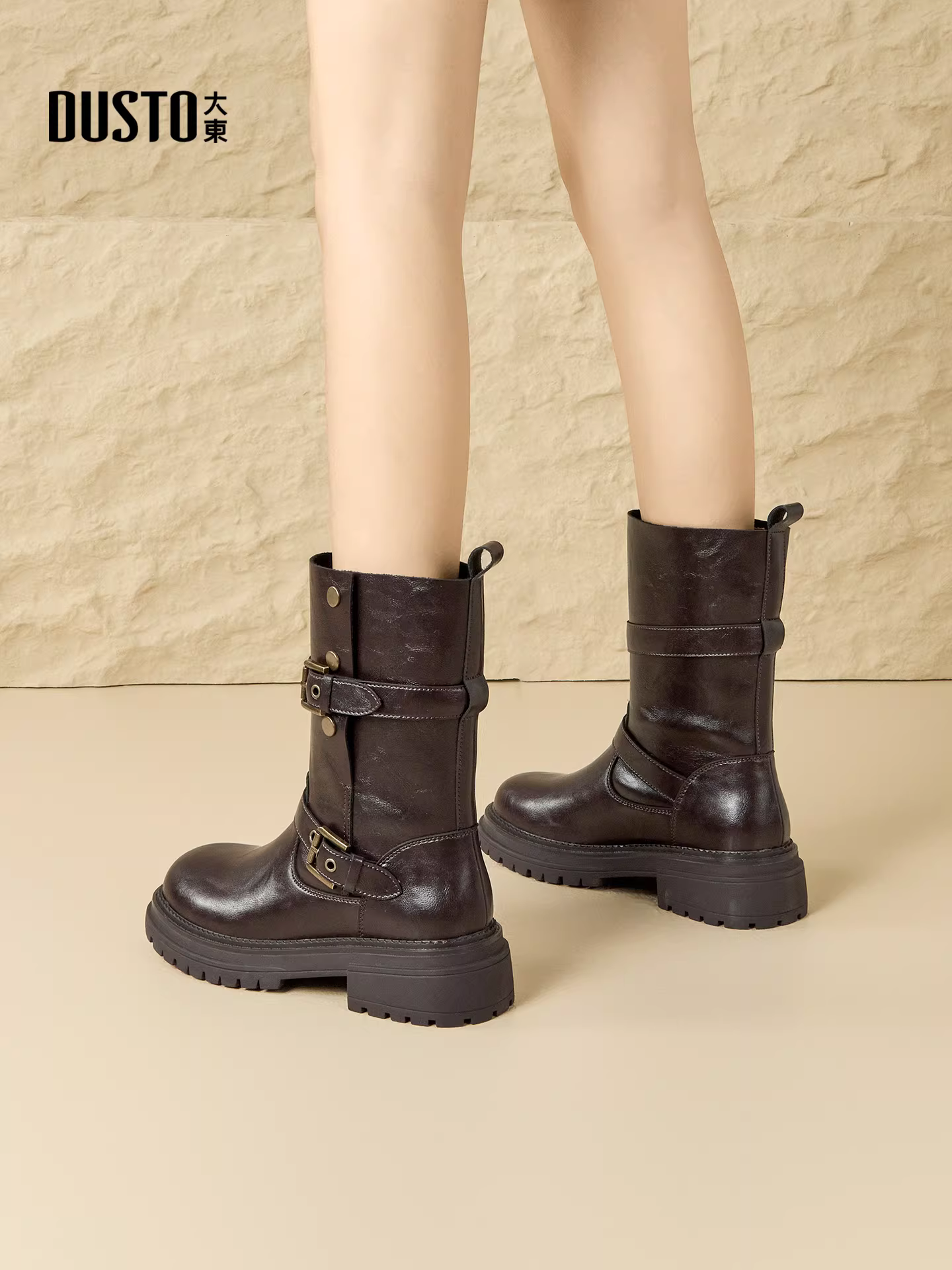 Giày bốt nữ cao đến giữa bắp chân 2025, kiểu mới mùa đông, màu đen, đế dày, gót vuông, phong cách Anh, bốt ngắn, kiểu dáng thon gọn, bốt đi xe.