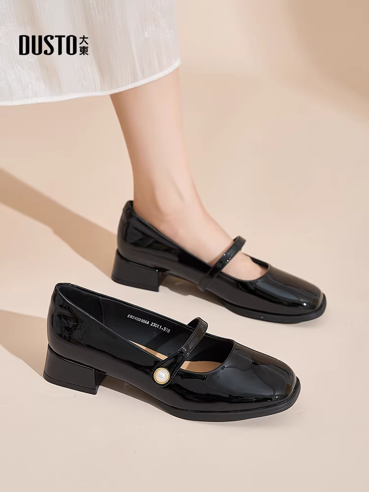 Giày cao gót đế thô Dadong dành cho nữ, mẫu mới thu đông 2025, giày da đen thanh lịch kiểu Pháp, giày Mary Jane xinh đẹp