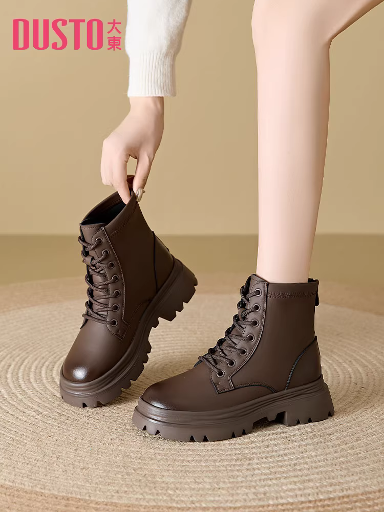 Giày bốt Martin cổ điển Dadong dành cho nữ 2025, mẫu mới thu đông, giày bốt nữ dành cho người thấp, giày bốt tăng chiều cao màu nâu, đế dày, kiểu ngắn