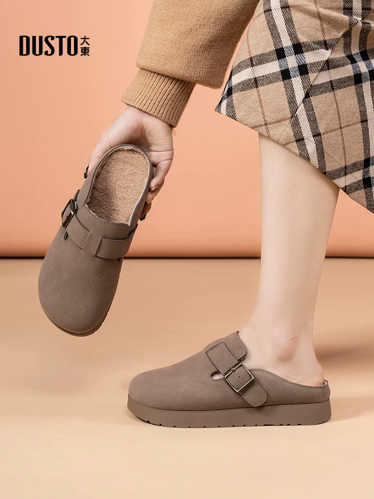 Giày Birkenstock lông thú đế bằng dành cho nữ, mùa thu/đông 2025, kiểu xỏ ngón, giày lông, giày đơn, dép nửa kín kiểu Birkenstock