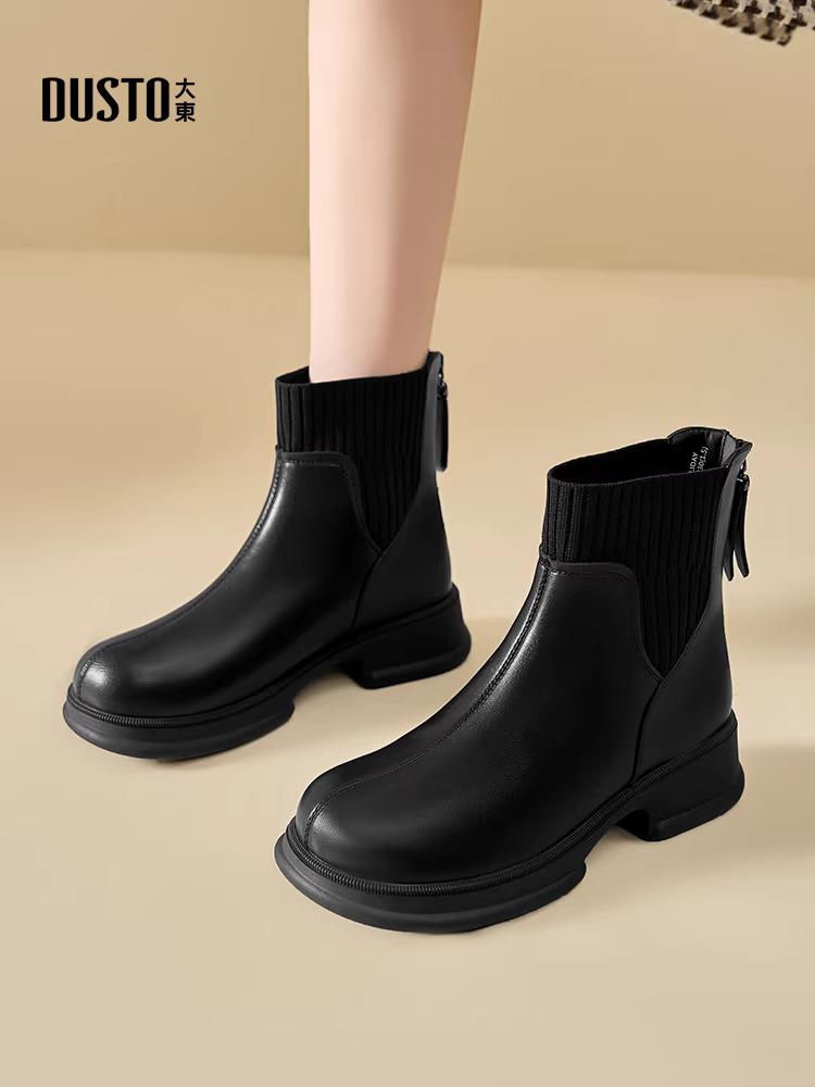 Giày bốt ngắn Dadong Chelsea dành cho nữ, kiểu mới thu đông 2025, màu đen, đế dày, lót lông, kiểu dáng ôm chân, kiểu Martin.