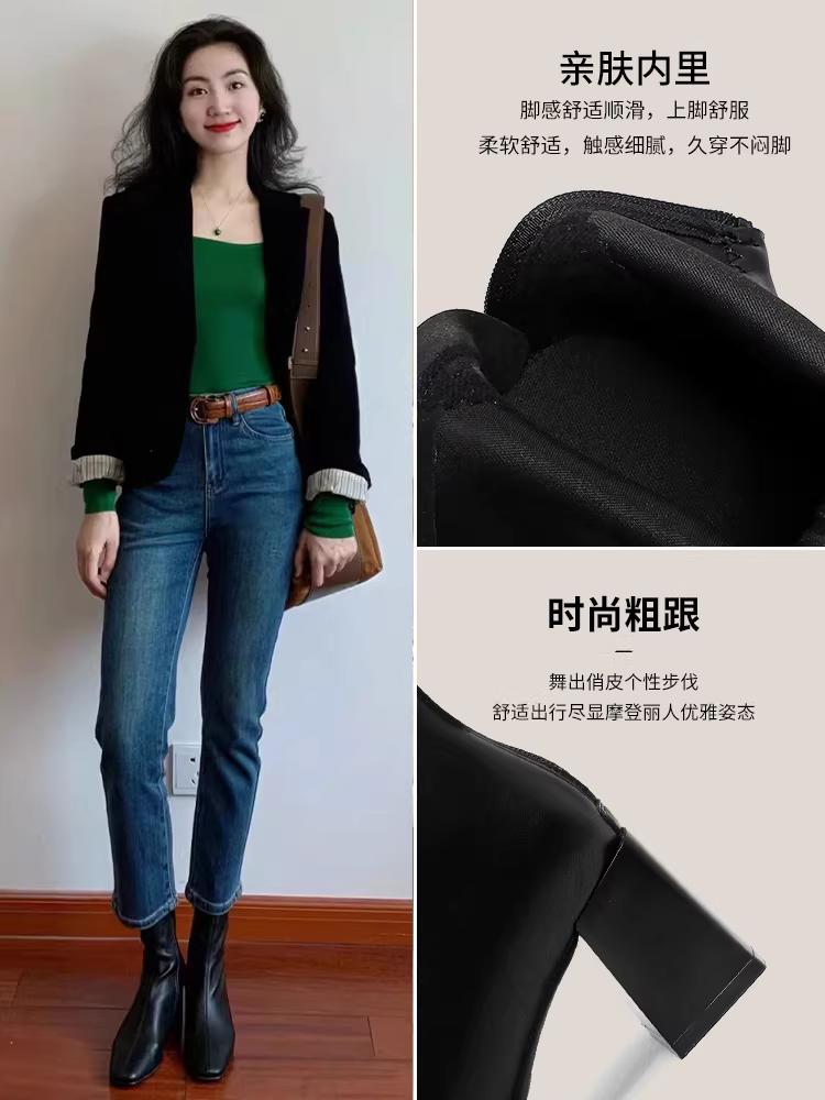 Giày bốt cao gót đế thô Dadong dành cho nữ, kiểu dáng mới phổ biến mùa thu đông 2025, lót lông cừu, kiểu dáng ôm sát, bốt Chelsea màu đen.