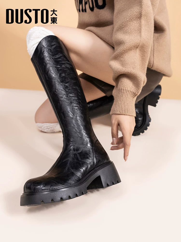Giày bốt nữ dáng ngắn Dadong 2025, kiểu dáng thời trang thu đông mới, đế dày, cao cổ, kiểu đi cưỡi ngựa