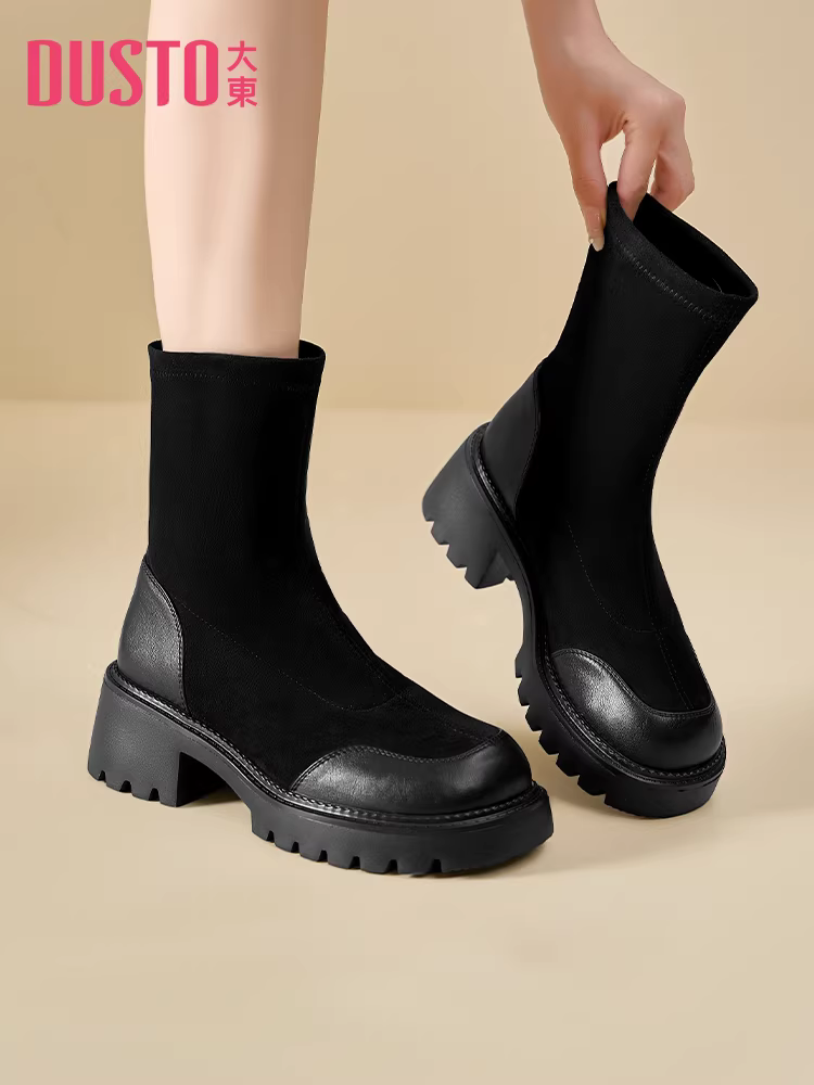 Giày bốt đế dày Dadong dành cho nữ, kiểu mới thu đông 2025, bốt đen thịnh hành năm nay, bốt ôm dáng co giãn dành cho nữ, bốt kiểu tất.