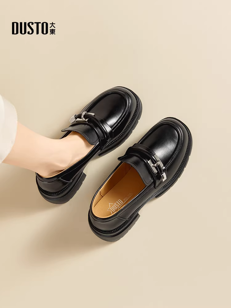 Giày lười đế dày Dadong dành cho nữ 2025, mẫu mới thu đông, màu đen, giày đơn giản phong cách JK, kiểu Pháp Hepburn, mũi tròn, giày da nhỏ nhắn