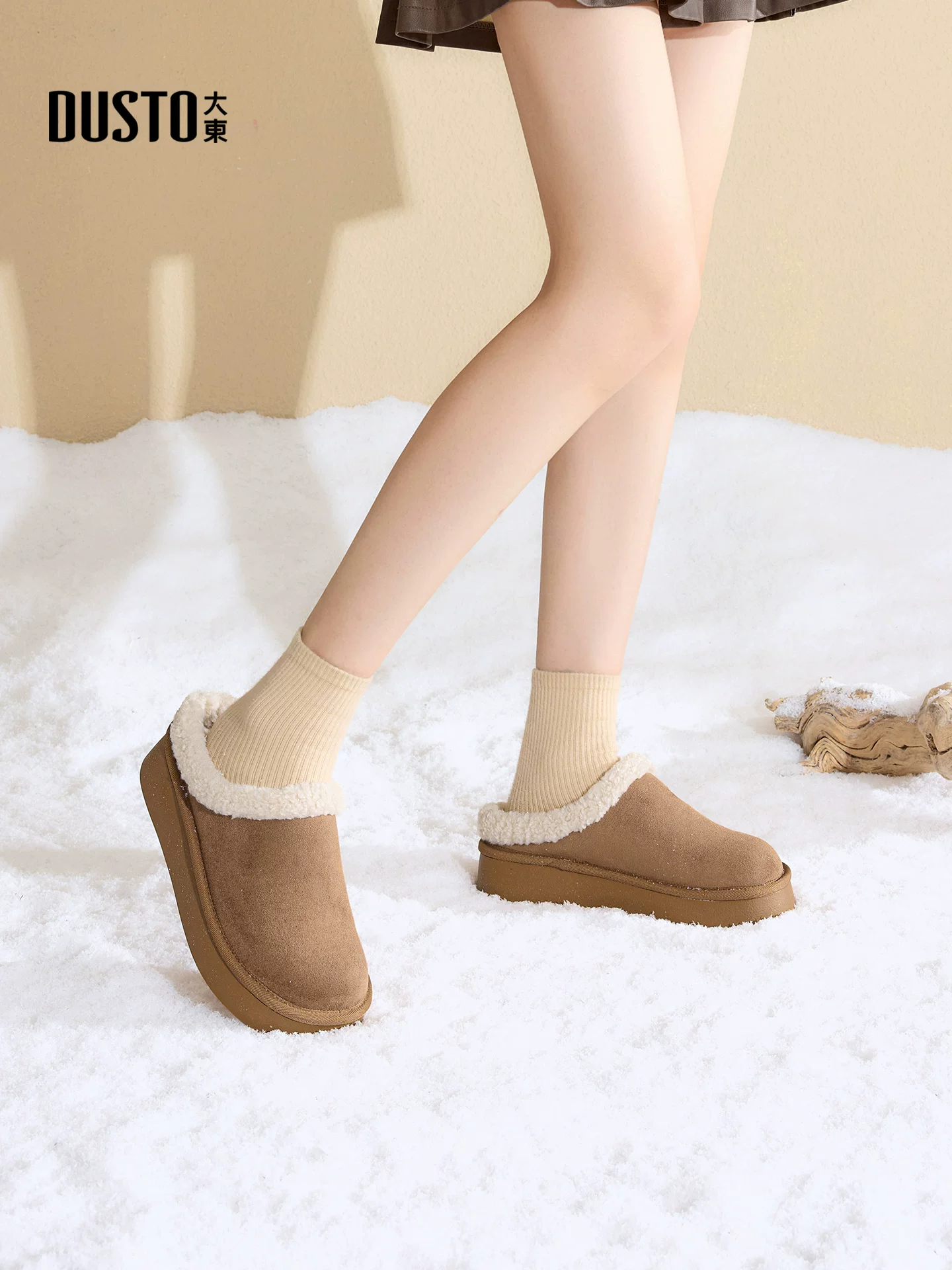 Giày dép nửa kín mũi, đế dày, lót lông dành cho nữ của Dadong, mẫu mới thu đông 2025, lót lông cừu giữ ấm, kiểu giày Birkenstock.