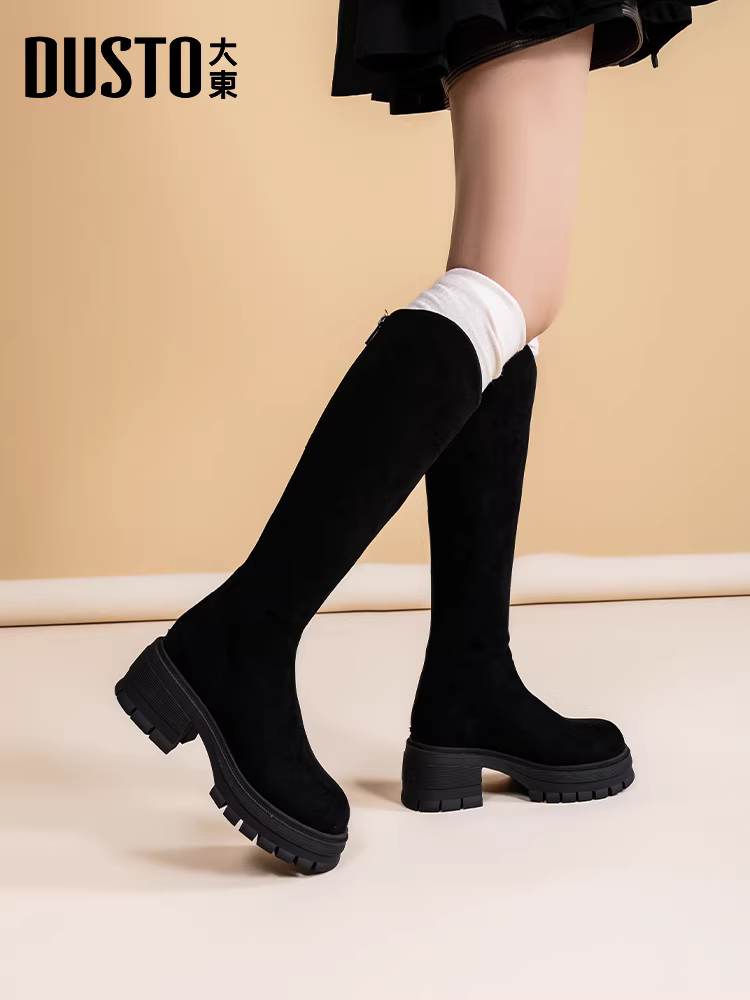 Giày bốt cao cổ nữ Dadong nổi tiếng năm 2025, mẫu mới thu đông, đế dày, chất liệu da lộn, dành cho nữ dáng nhỏ, kiểu bốt cao cổ đi xe.