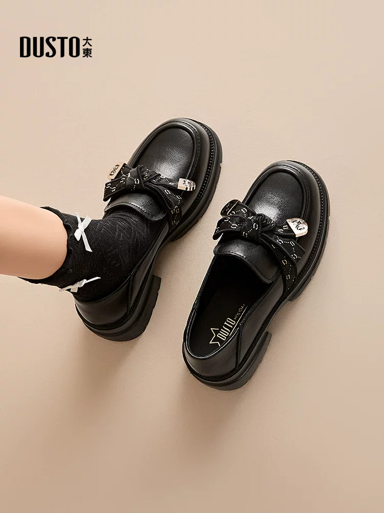 Giày lười đế dày Dadong dành cho nữ 2025, mẫu mới thu đông, kiểu buộc nơ, gót dày, phối chân váy, phong cách Anh, giày da nhỏ nhắn