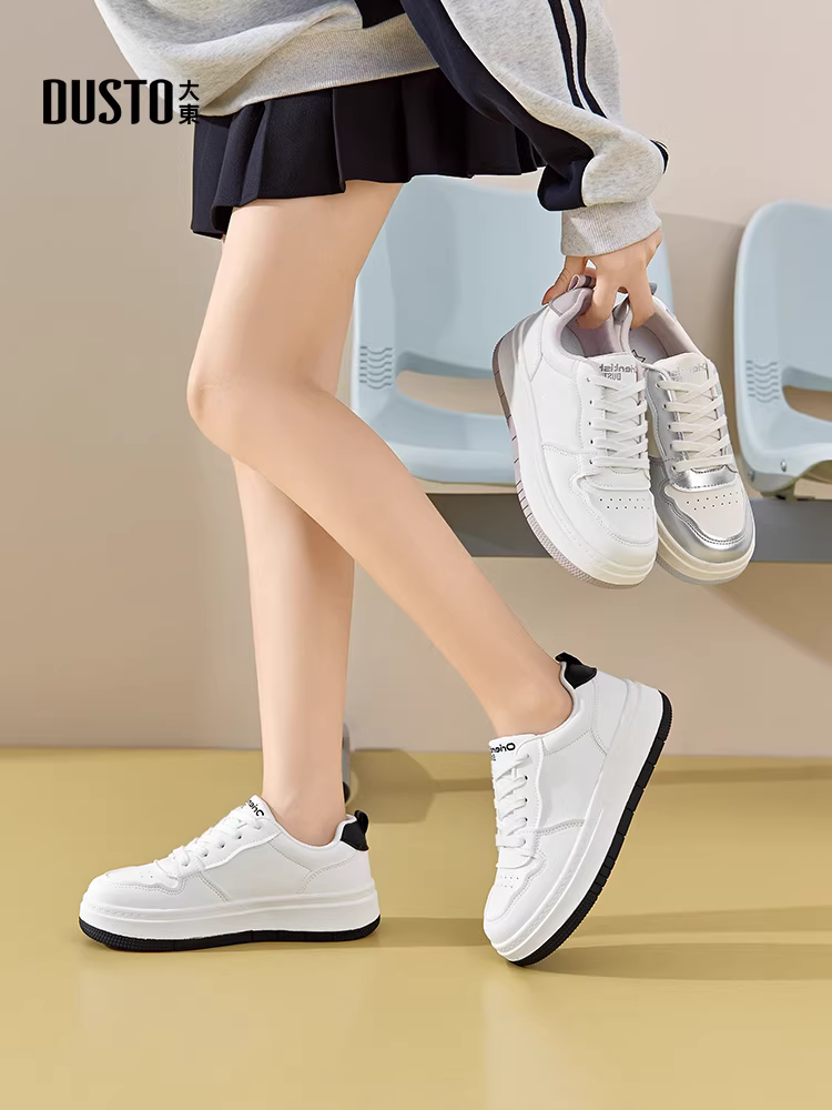 Giày thể thao Dadong nữ mùa thu đông 2025, giày nữ đế dày, dây buộc, đa năng, màu trắng, thời trang, giày thể thao.