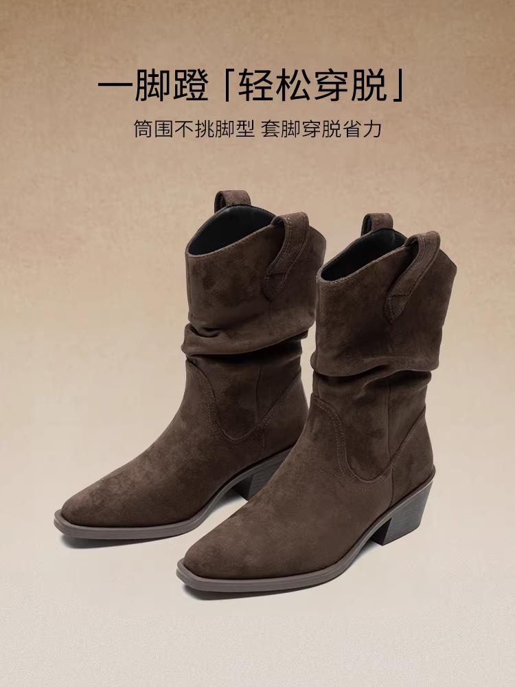 Giày bốt mũi nhọn nữ 2025 mới mùa đông kiểu lười màu nâu giày Melard giày Chelsea giày kiểu miền Tây