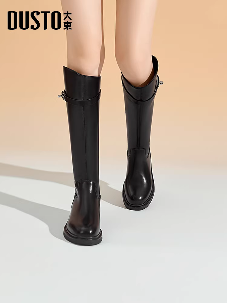 Giày bốt dài màu đen Dadong dành cho nữ, kiểu mới mùa thu đông 2025, bốt cao cổ, bốt ôm dáng, chân dày trông thon gọn hơn, bốt đi xe.