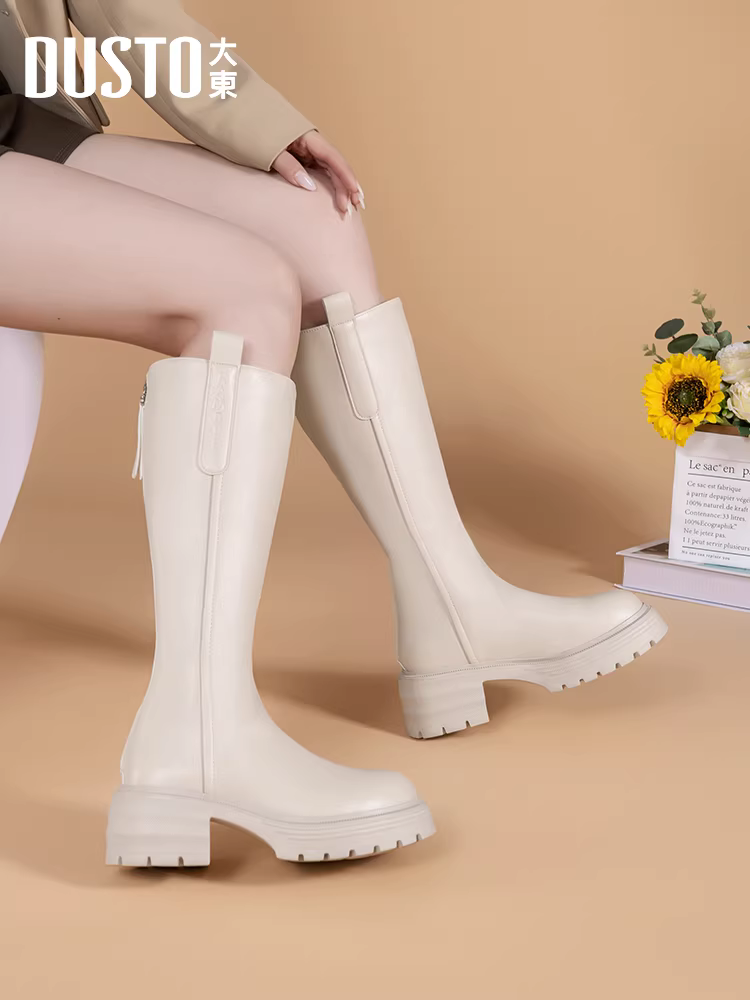 Giày bốt đế dày Dadong dành cho nữ 2025, mẫu mới thu đông, bốt cao dành cho nữ cỡ lớn, bốt ống rộng, bốt dài dành cho nữ nhỏ nhắn.