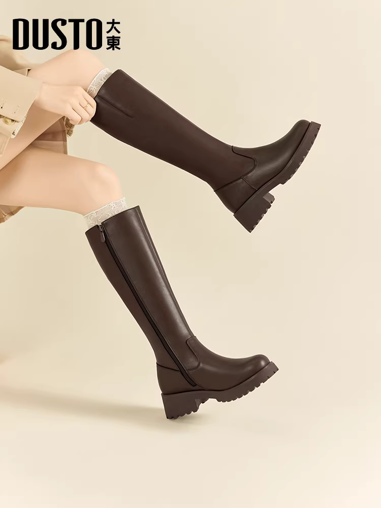 Giày bốt cao cổ đế dày gót thô Dadong dành cho nữ, mẫu mới thu đông 2025, màu đen, kiểu dáng cao cổ, thích hợp cho người thấp.