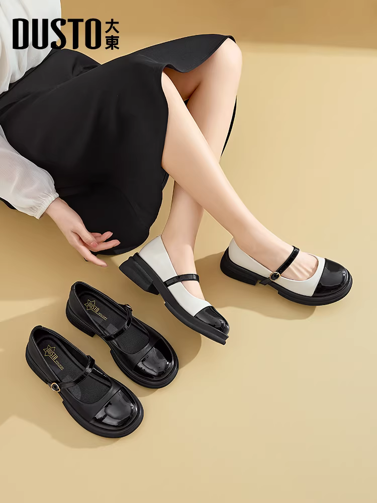 Giày nữ Mary Jane đen trắng Dadong 2025 kiểu thu mới phong cách Pháp, giày đơn giản đa năng đế dày bằng da
