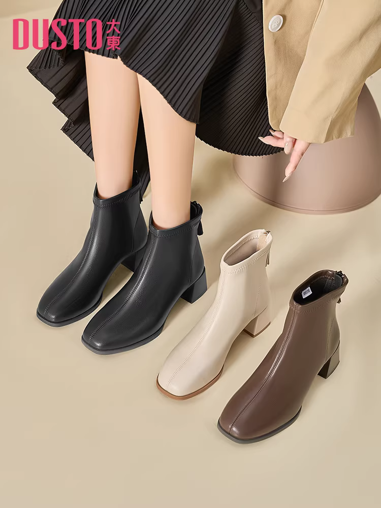 Giày bốt cao gót ngắn Dadong dành cho nữ, mẫu mới thu đông 2025, giày bốt nữ màu đen hot trend, giày bốt gót thô, giày Chelsea, giày bốt ôm sát.