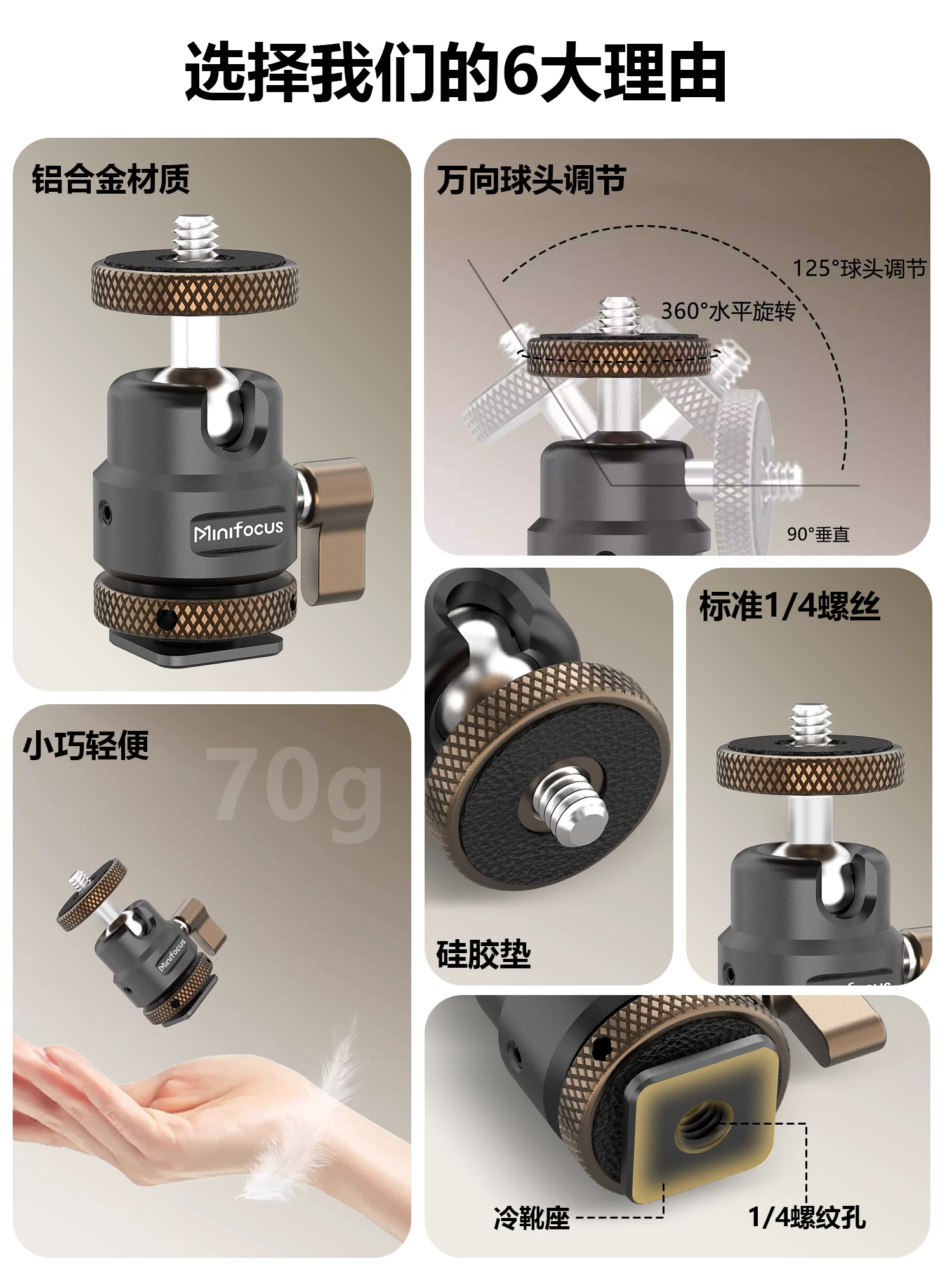 Đầu bi đa năng Minifocus Metal Hot Shoe với khả năng điều chỉnh giảm chấn, xoay toàn cảnh 360 độ, giá đỡ màn hình DJI, giá đỡ máy ảnh, đế gắn đèn chiếu sáng mở rộng.