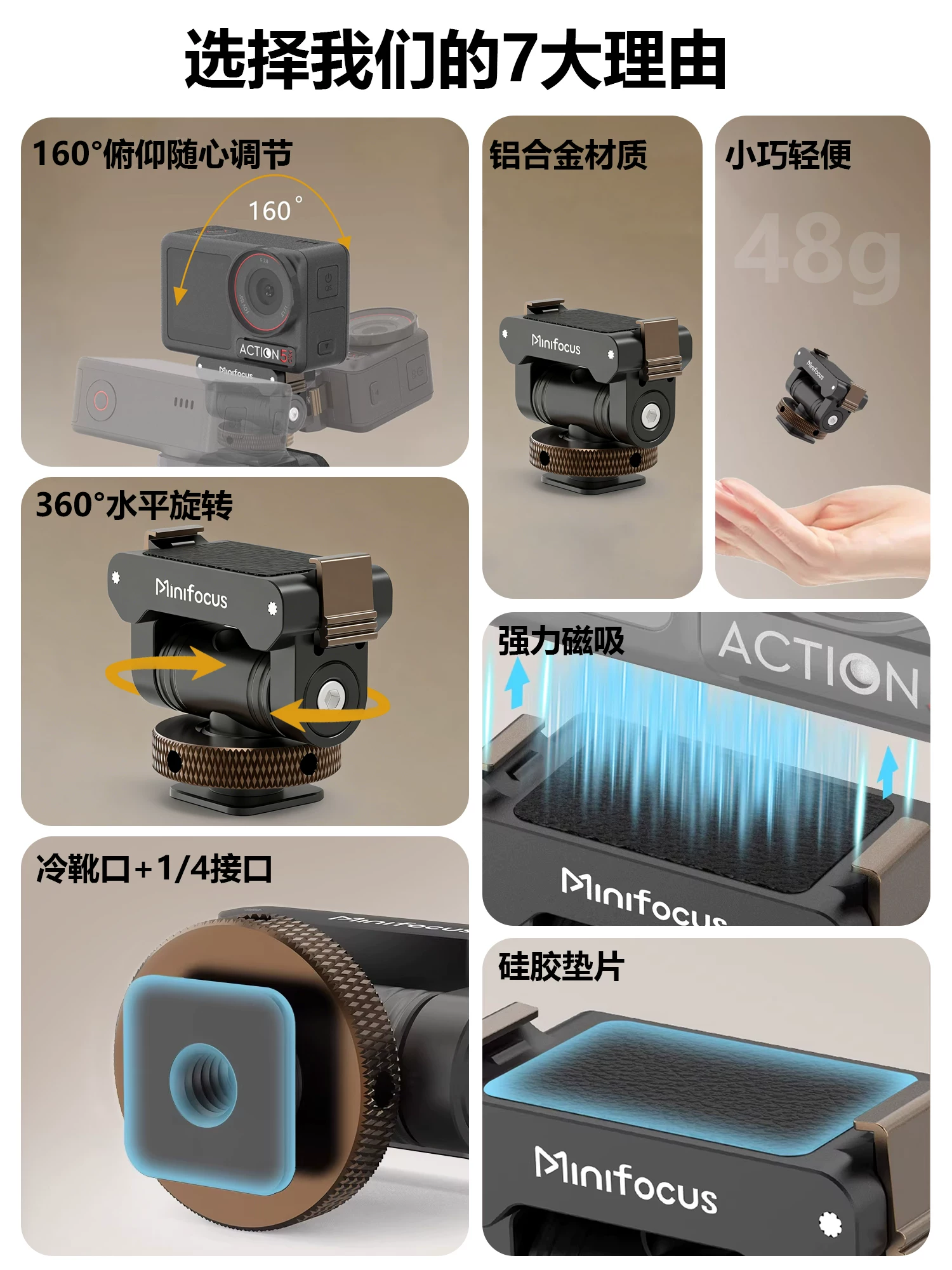 Giá đỡ đế gắn máy ảnh từ tính bằng kim loại Minifocus có giá đỡ màn hình Tương thích với máy ảnh DJI Action 6/3/4/5 Pro/Nano Action Camera Đế tháo nhanh Canon Sony Cold Shoe Mount.