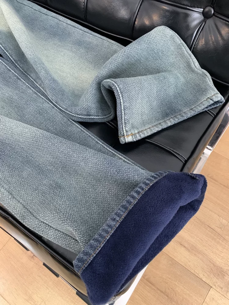 Quần jeans ống đứng nữ thu đông 2024, size lớn, cạp cao, dáng rộng, che hông, tôn dáng, lót lông dày, ống rộng