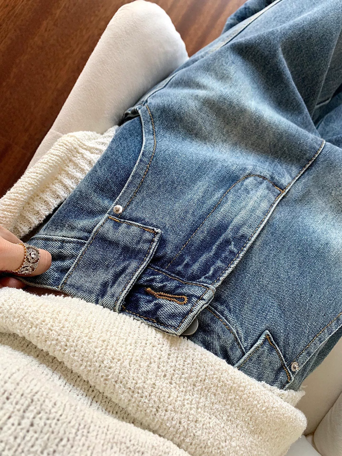 Quần jeans ống rộng màu xanh cổ điển dành cho nữ, thu đông 2025, size lớn, cạp cao, dáng rộng, kiểu dáng xòe