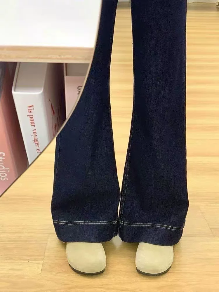 Quần jean ống loe lót lông màu xanh đậm dành cho nữ, mùa thu đông, cỡ lớn, lưng cao, co giãn, che hông, giảm béo, quần ống loe.