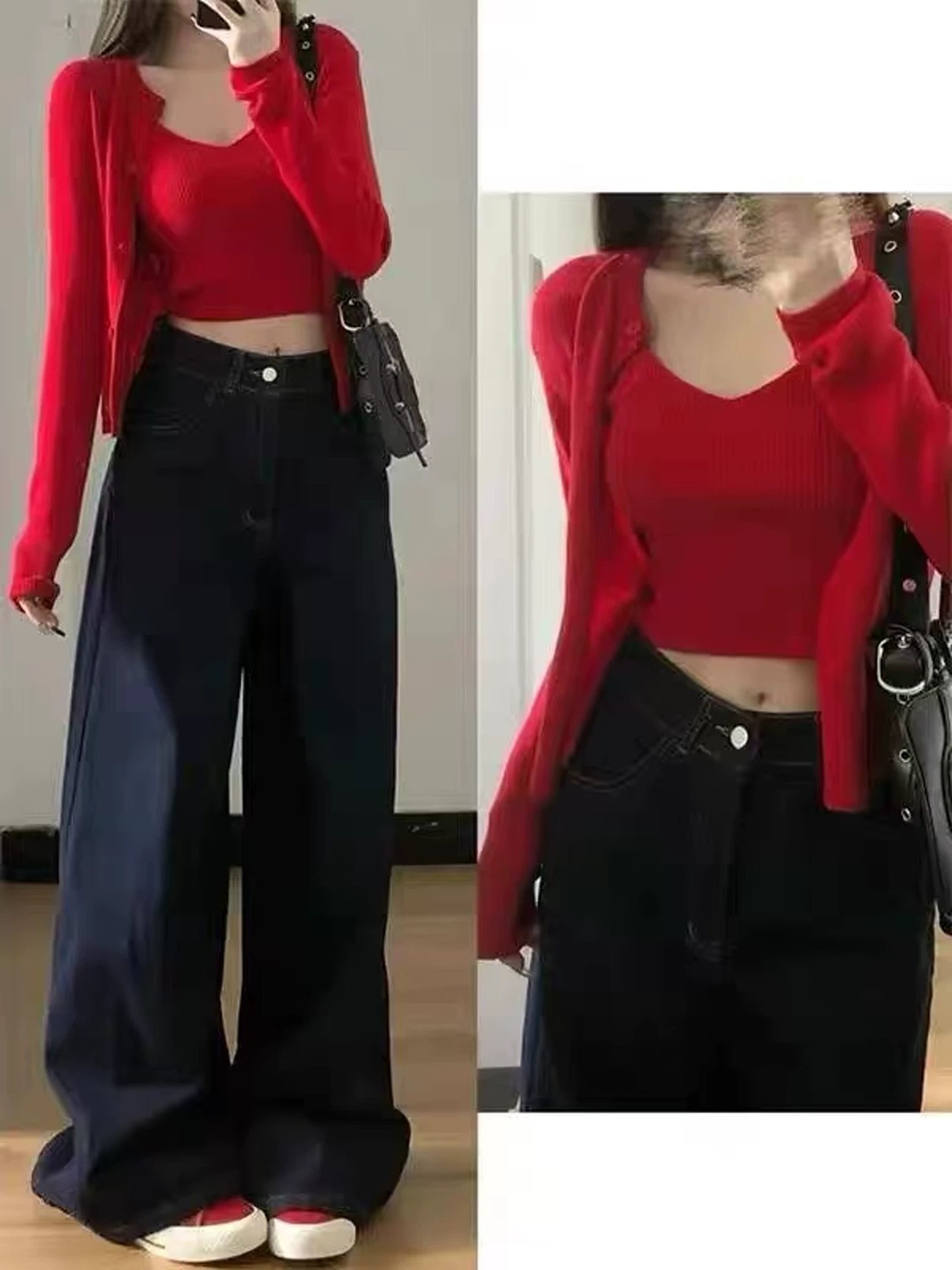 Quần jean ống rộng màu xanh đậm dành cho nữ, phong cách mới đầu thu, cỡ lớn, lưng cao, dáng rộng, giảm béo, dáng quả lê, quần dài đến sàn