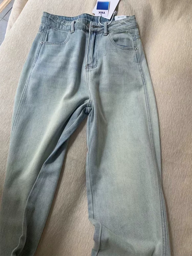 Quần jean lụa băng màu xanh nhạt hình quả lê dành cho nữ, kiểu dáng mỏng mùa hè, cỡ lớn, lưng cao, dáng rộng, quần ống rộng giảm béo
