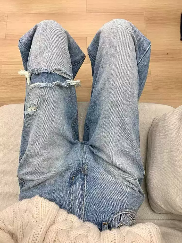 Quần jeans xanh nhạt rách gối dáng rộng dành cho nữ xuân 2025, thiết kế size lớn, cạp cao, dáng suông, tôn dáng