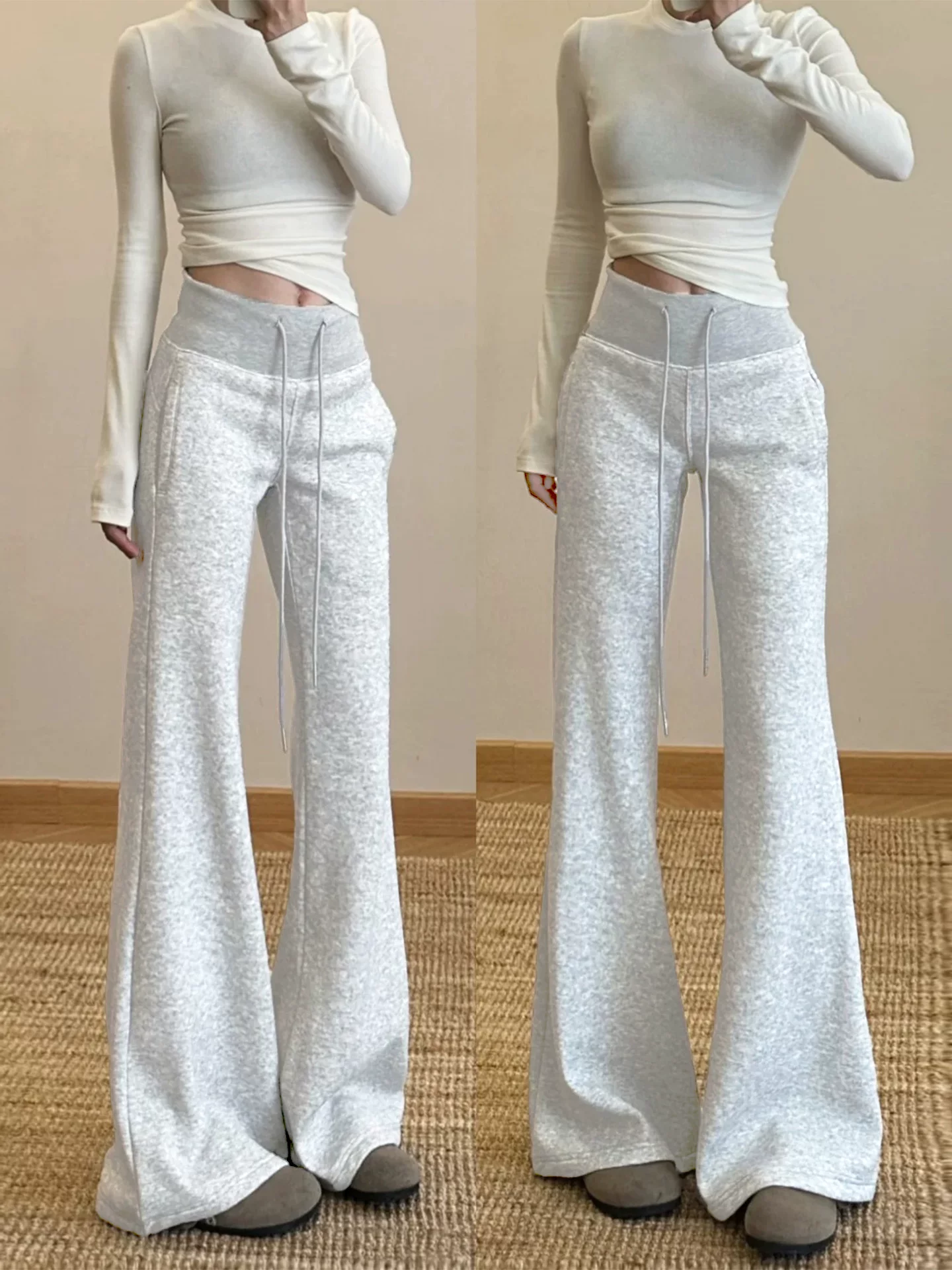 Quần thể thao nữ Lulu màu trắng và xám, kiểu mới thu đông 2025, size lớn, cạp cao, tôn dáng, quần ống loe thường ngày.