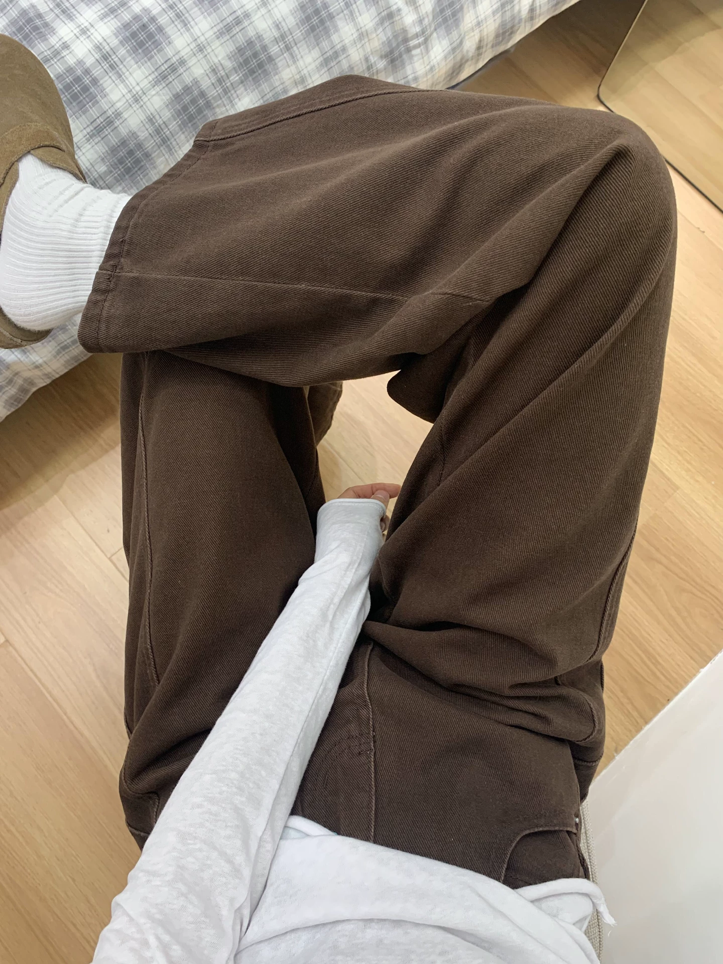Quần jean ống đứng màu nâu dành cho nữ, lót lông cừu mùa đông, cỡ lớn, lưng cao, dáng rộng, giảm béo, dáng quả lê, quần ống rộng