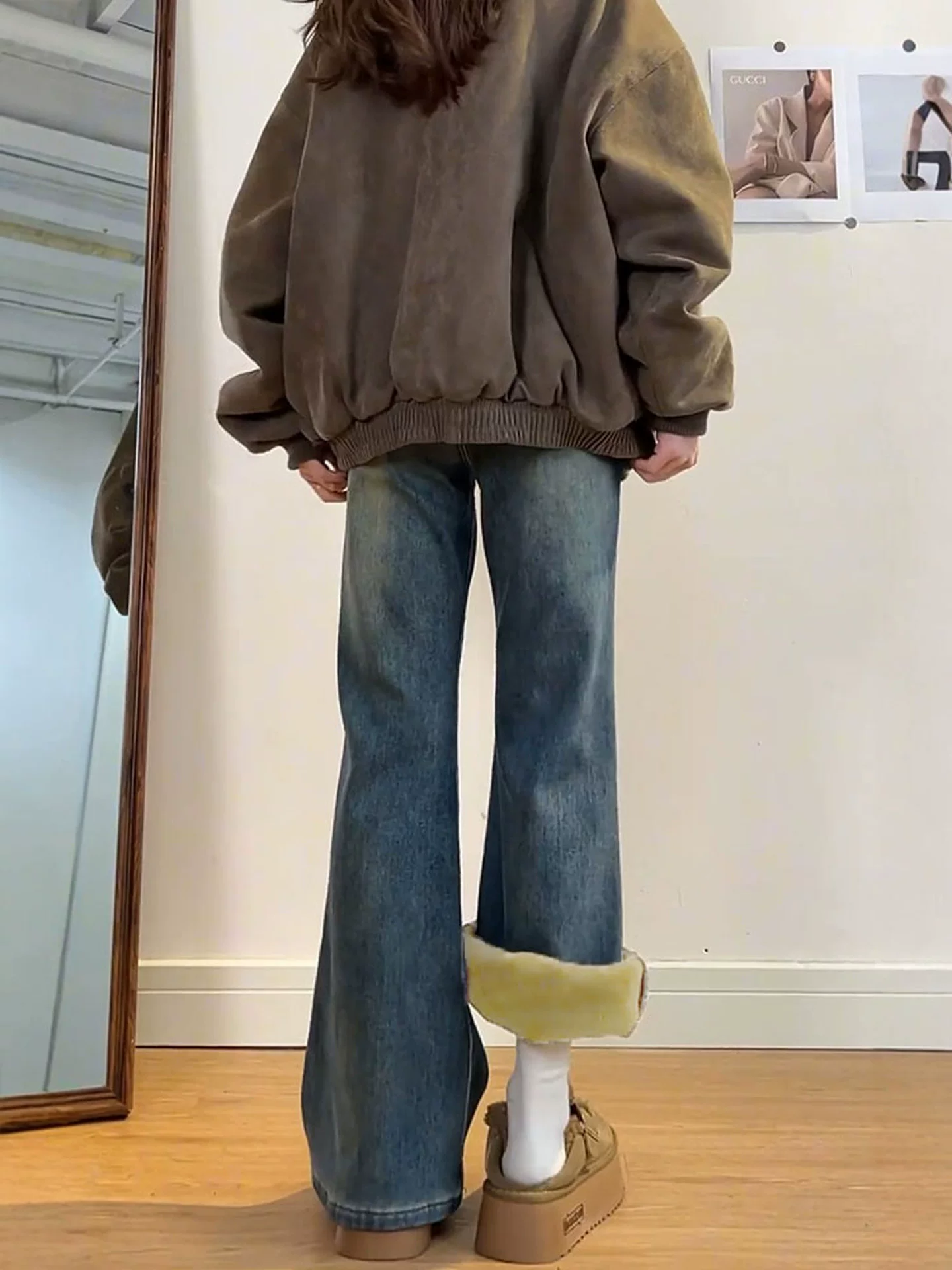 Quần jean bootcut nhung xanh cổ điển dành cho nữ trong mùa đông, cỡ lớn, eo cao, co giãn, tạo vẻ thon gọn, dáng quả lê, quần ống loe