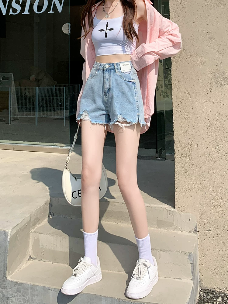 Quần short denim rách màu xanh nhạt hình quả lê dành cho nữ, cỡ lớn mùa hè, lưng cao, giảm béo, viền sờn, quần ống rộng chữ A