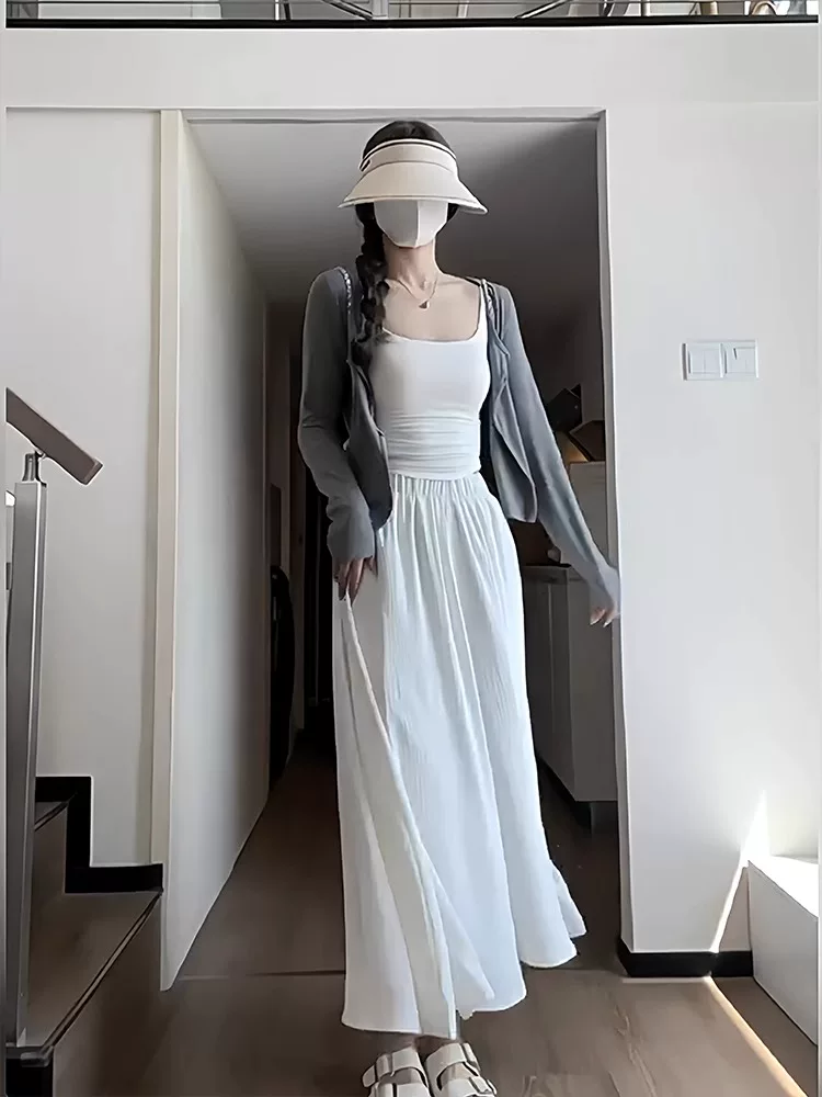 Quần váy trắng thường ngày dành cho nữ, dáng quả lê mùa hè, kiểu dáng mỏng, cỡ lớn, phong cách lười biếng, lưng cao, che hông, quần ống rộng giảm béo.