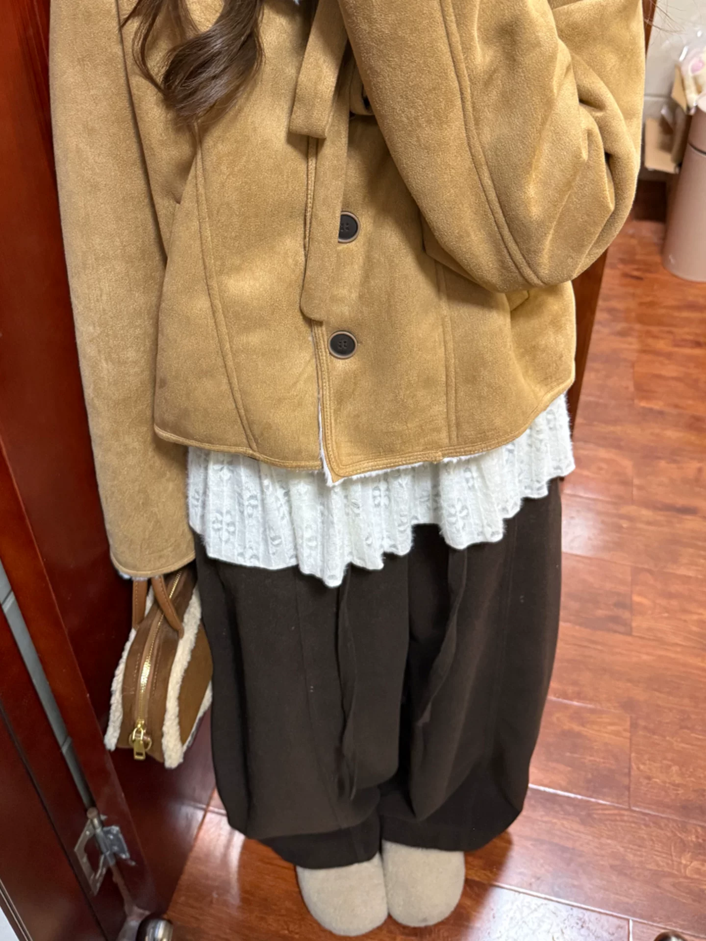 Quần âu kiểu scimitar bằng len màu nâu dành cho nữ, mùa thu đông, lót lông cừu, cỡ lớn, lưng cao, giảm béo, dáng rộng, quần ống rộng.