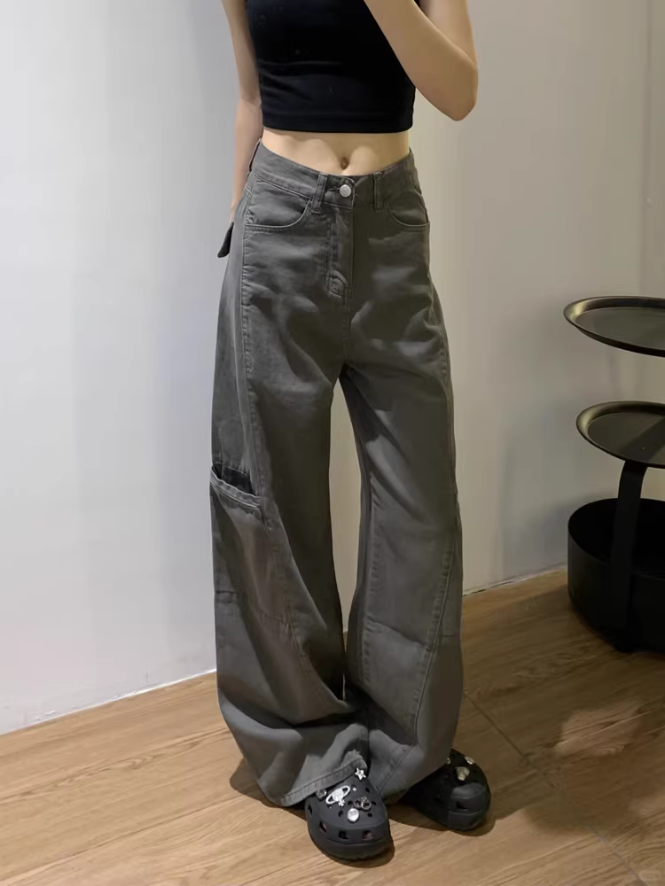 Quần jean công sở màu xám cổ điển của Mỹ dành cho nữ, phong cách mùa xuân mới, cỡ lớn, lưng cao, dáng rộng, giảm béo, quần ống rộng