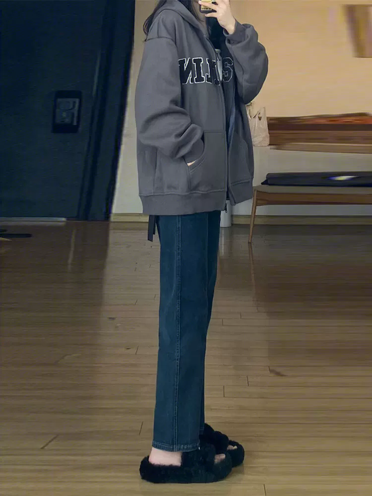 Quần jean ống đứng dáng quả lê cỡ lớn dành cho nữ, lót lông cừu mùa thu đông, quần thuốc lá rộng lưng cao nhỏ nhắn che hông.