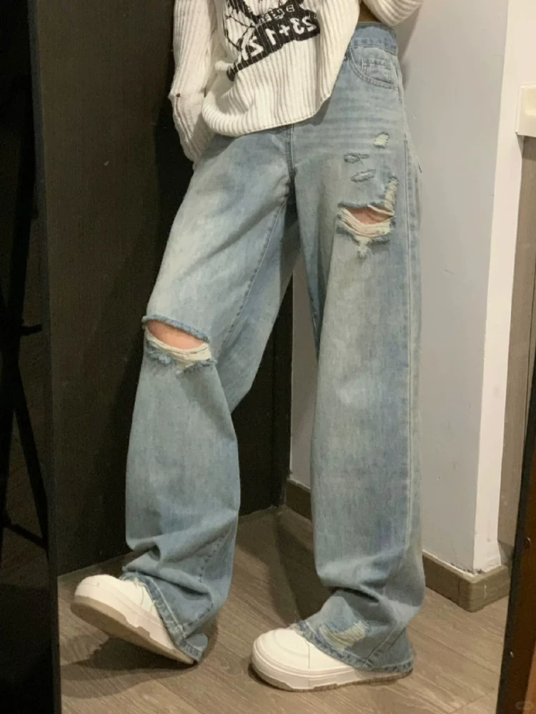 Quần jeans xanh nhạt rách gối nữ, hè 2025, kiểu dáng mỏng, size lớn, cạp cao, dáng rộng, tôn dáng, dành cho người có thân hình quả lê, quần ống rộng