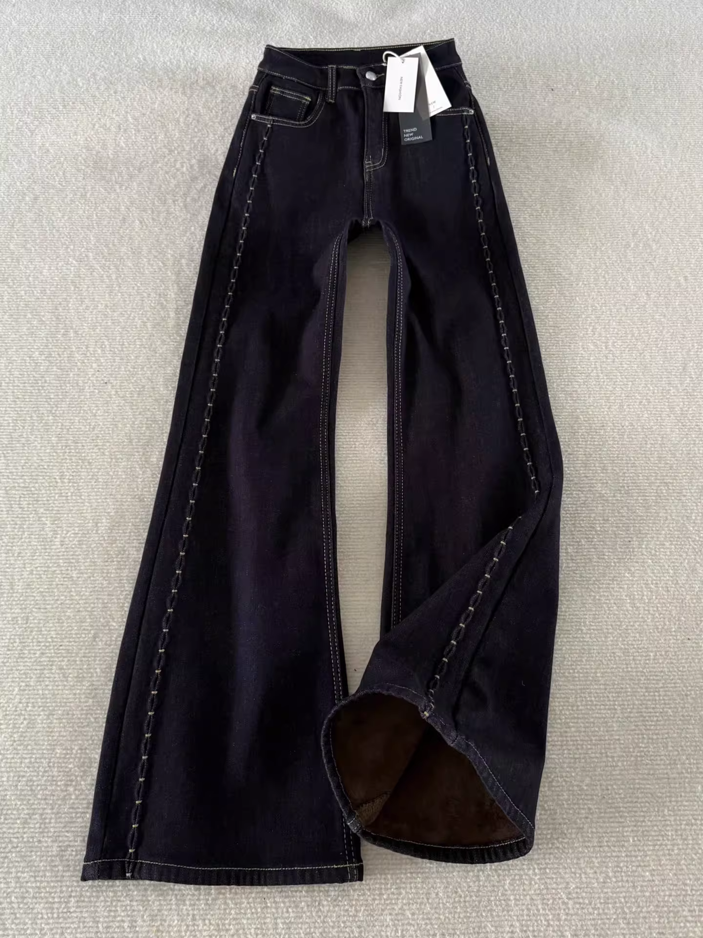 Quần jean ống loe dày lót lông cừu dành cho nữ, mùa thu đông, cỡ lớn, lưng cao, co giãn, thon gọn, không bó sát, quần ống chuông, dài đến sàn.