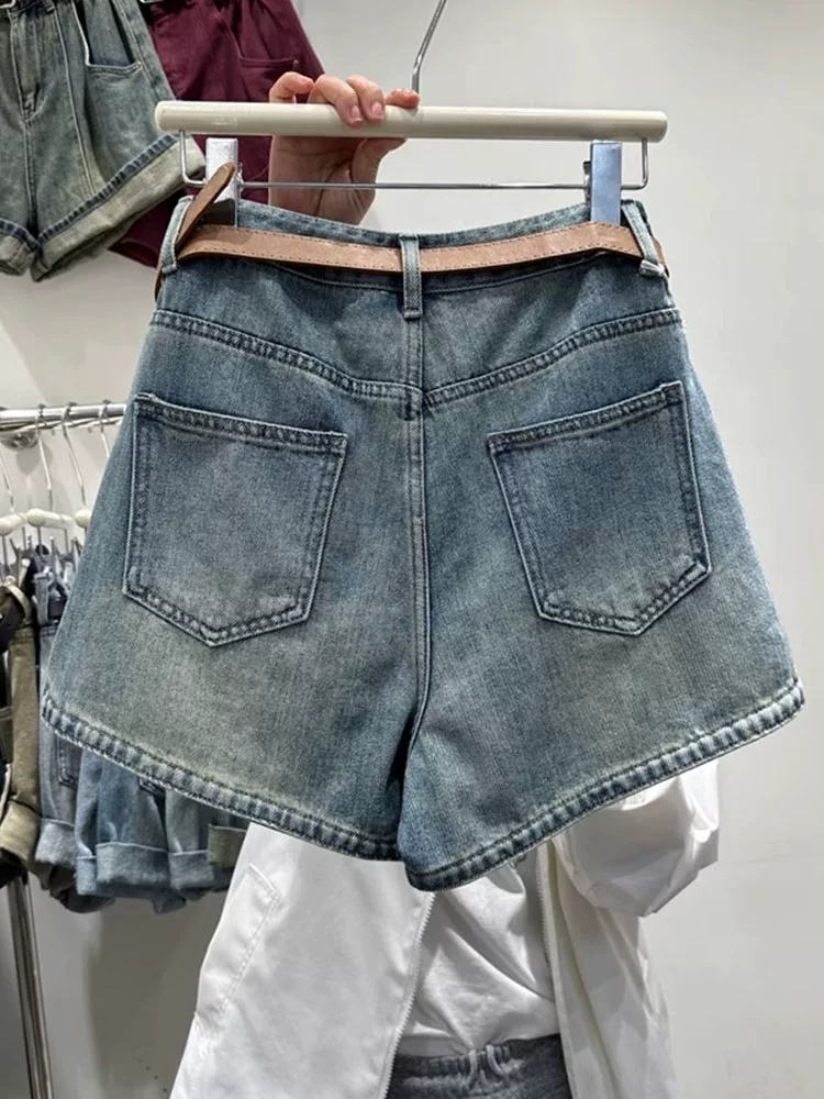 Quần short denim xẻ tà màu xanh cổ điển hình quả lê dành cho nữ, cỡ lớn mùa hè, cạp cao, quần ống rộng chữ A giảm béo, hợp thời trang.