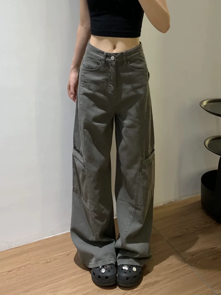 Quần jean công sở màu xám cổ điển của Mỹ dành cho nữ, phong cách mùa xuân mới, cỡ lớn, lưng cao, dáng rộng, giảm béo, quần ống rộng